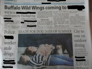 Two things caught my attention here: that getting a chicken wing joint made the big headline and the picture of the two women looking like, maybe, they had too many chicken wings.