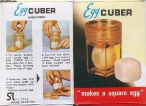 And you thought your kitchen was complete. Think again. Why have a plain hard boiled egg that looks like an egg when you can have a hard boiled egg that looks like a white box? Think of what you've been missing all these years? These egg cubes are stackable! Think of the possibilities!