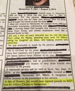 I live among some very passionate Trumpeteers. I just didn't know that they were trying to influence the election from the grave.